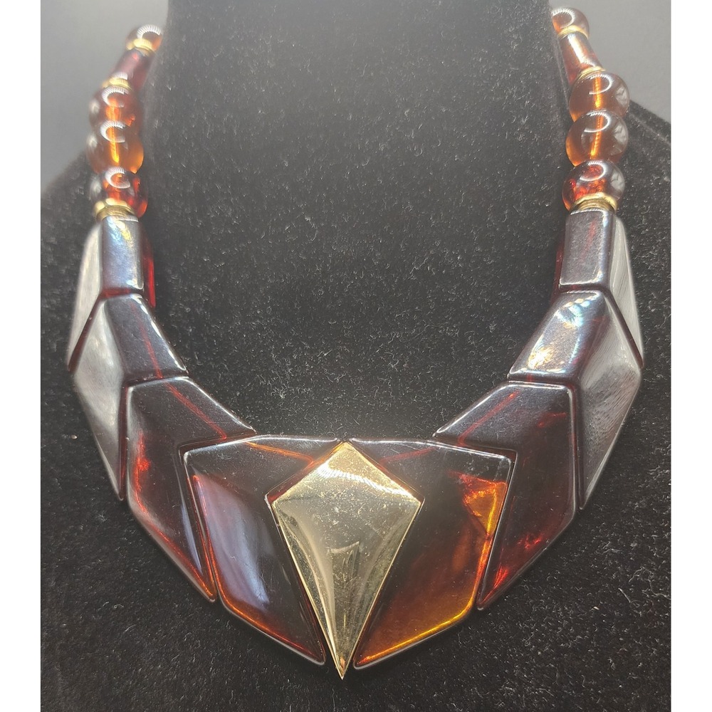 Vintage Articulated Rootbeer Resin Geometric Bib Necklace Gold Tone